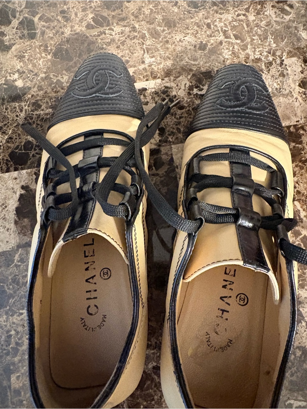 CHANEL Two-Tone Beige and Black Lace-Up Square-Toe sneakers. Authentic - Picture 2 of 6